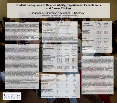 Student Perceptions of Science Ability, Experiences, Expectations, and Career Choices Isabelle D. Cherney 1 & Michael G. Cherney 2 1 Department of Psychology.