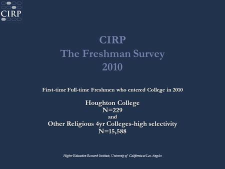 CIRP The Freshman Survey 2010 First-time Full-time Freshmen who entered College in 2010 Houghton College N=229and Other Religious 4yr Colleges-high selectivity.