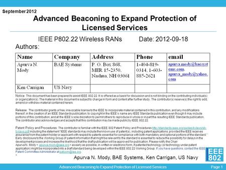 Page 1 EEE 802 Advanced Beaconing to Expand Protection of Licensed Services September 2012 Apurva N. Mody, BAE Systems, Ken Carrigan, US Navy Advanced.