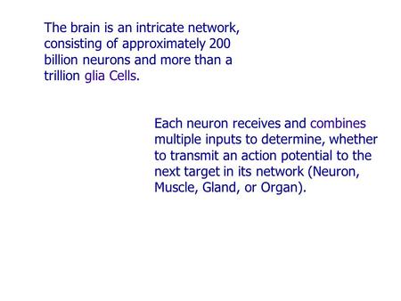 The brain is an intricate network, consisting of approximately 200 billion neurons and more than a trillion glia Cells. Each neuron receives and combines.