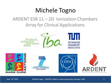 Michele Togno ARDENT ESR 11 – 2D Ionization Chambers Array for Clinical Applications Michele Togno – ARDENT midterm review preparatory meeting, CERNJune,