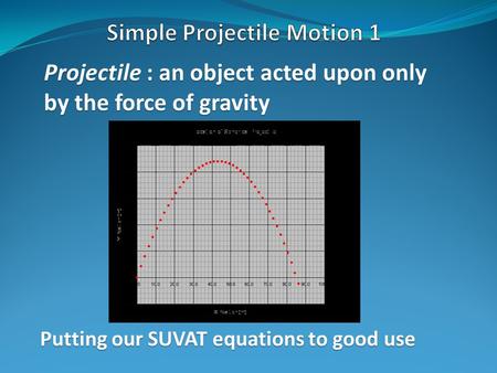 Projectile : an object acted upon only by the force of gravity Putting our SUVAT equations to good use.