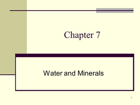 1 Chapter 7 Water and Minerals. Learning Objectives 1. State the general characteristics of minerals 2. Identify the percentage of body weight made up.