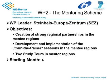 1 WE-Mentor preparatory meeting Stuttgart 12/2006 WE-Mentor Enterprising women in European Research mentoring India/Israel/Romania/Turkey WP2 - The Mentoring.