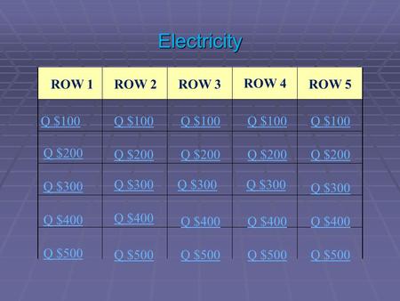 Electricity ROW 1ROW 2ROW 3 ROW 4 ROW 5 Q $100 Q $200 Q $300 Q $400 Q $500 Q $100 Q $200 Q $300 Q $400 Q $500.