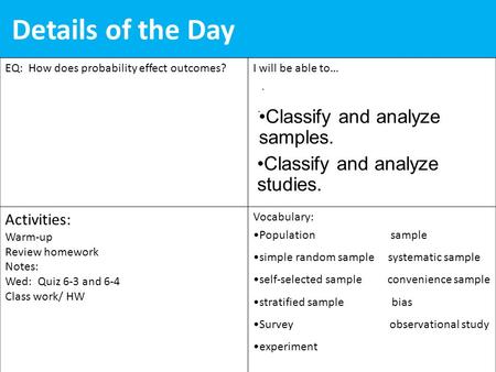 Details of the Day EQ: How does probability effect outcomes?I will be able to… Activities: Warm-up Review homework Notes: Wed: Quiz 6-3 and 6-4 Class work/