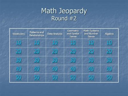 Math Jeopardy Round #2 Vocabulary Patterns and Relationships Data Analysis Geometric and Spatial Sense Math Systems and Number Sense Algebra 10 20 30 40.