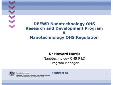 ICONN 2008 1 DEEWR Nanotechnology OHS Research and Development Program & Nanotechnology OHS Regulation Dr Howard Morris Nanotechnology OHS R&D Program.