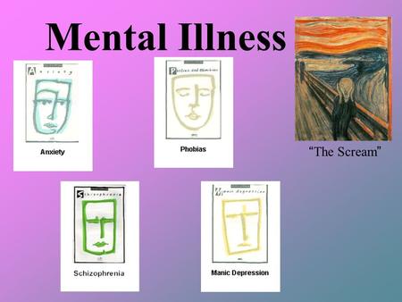 Mental Illness “ The Scream ” Write down a few words that society uses to describe people with mental illness  Most words tend to be negative, prejudice,