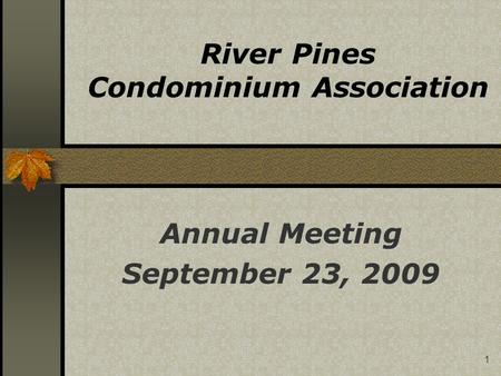 1 Annual Meeting September 23, 2009 River Pines Condominium Association.