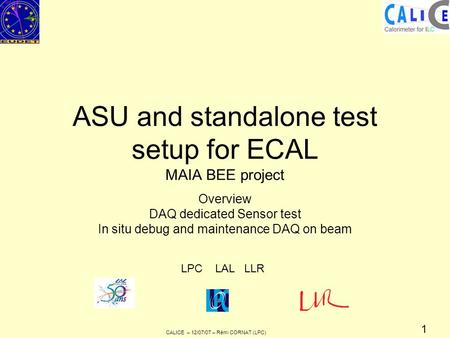 CALICE – 12/07/07 – Rémi CORNAT (LPC) 1 ASU and standalone test setup for ECAL MAIA BEE project Overview DAQ dedicated Sensor test In situ debug and maintenance.