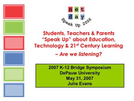 Students, Teachers & Parents “Speak Up” about Education, Technology & 21 st Century Learning – Are we listening? 2007 K-12 Bridge Symposium DePauw University.