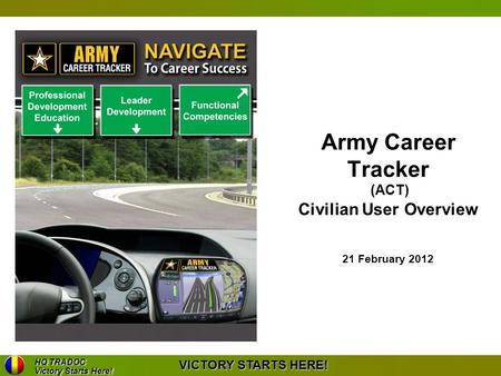 HQ TRADOC Victory Starts Here! HQ TRADOC Victory Starts Here! VICTORY STARTS HERE! Army Career Tracker (ACT) Civilian User Overview 21 February 2012.