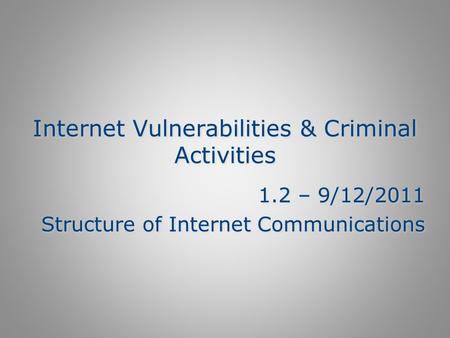 Internet Vulnerabilities & Criminal Activities 1.2 – 9/12/2011 Structure of Internet Communications 1.2 – 9/12/2011 Structure of Internet Communications.