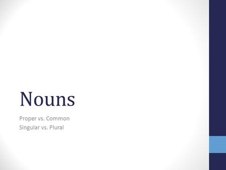 Nouns Proper vs. Common Singular vs. Plural. Today You Will Learn: The difference between proper and common nouns. How to change nouns from singular to.