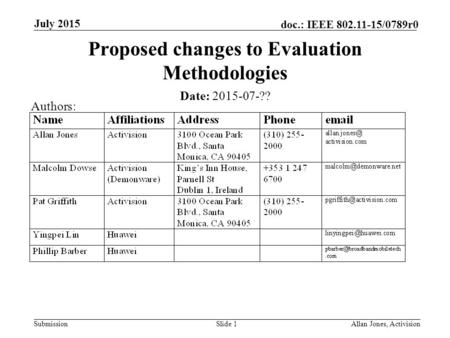 Submission doc.: IEEE 802.11-15/0789r0 July 2015 Allan Jones, ActivisionSlide 1 Proposed changes to Evaluation Methodologies Date: 2015-07-?? Authors: