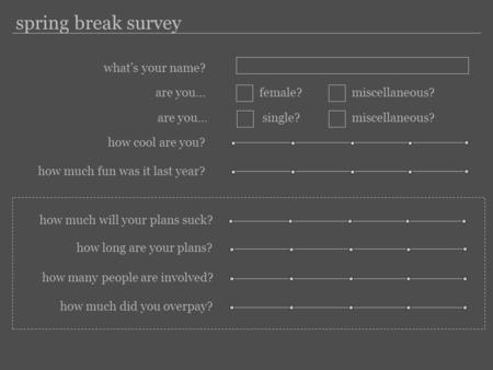 Spring break survey how much will your plans suck? how long are your plans? how many people are involved? how much did you overpay? what’s your name? how.