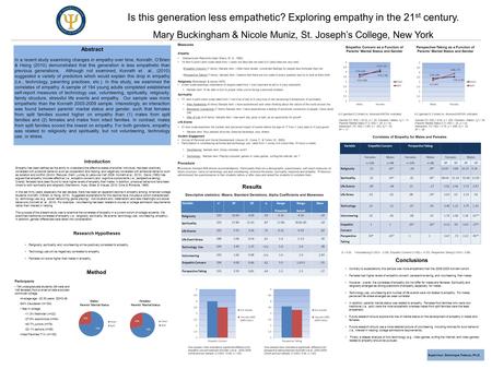 Is this generation less empathetic? Exploring empathy in the 21 st century. Mary Buckingham & Nicole Muniz, St. Joseph’s College, New York Abstract In.