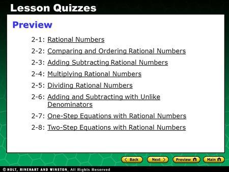 Lesson Quizzes Preview 2-1: Rational Numbers