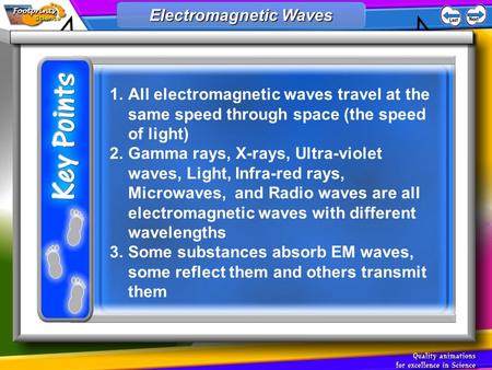 1.All electromagnetic waves travel at the same speed through space (the speed of light) 2.Gamma rays, X-rays, Ultra-violet waves, Light, Infra-red rays,