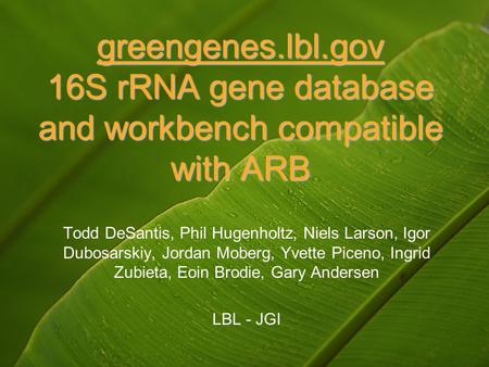 Greengenes.lbl.gov 16S rRNA gene database and workbench compatible with ARB Todd DeSantis, Phil Hugenholtz, Niels Larson, Igor Dubosarskiy, Jordan Moberg,