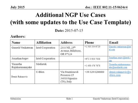 Doc.: IEEE 802.11-15/0634r4 Submission July 2015 Ganesh Venkatesan (Intel Corporation)Slide 1 Additional NGP Use Cases (with some updates to the Use Case.