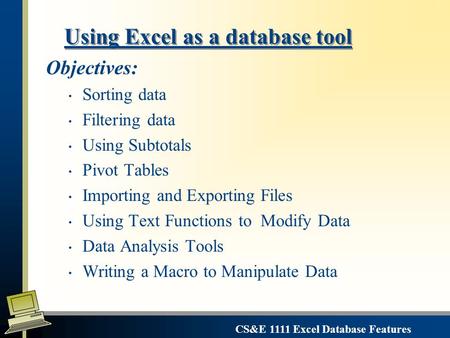 CS&E 1111 Excel Database Features Using Excel as a database tool Objectives: Sorting data Filtering data Using Subtotals Pivot Tables Importing and Exporting.