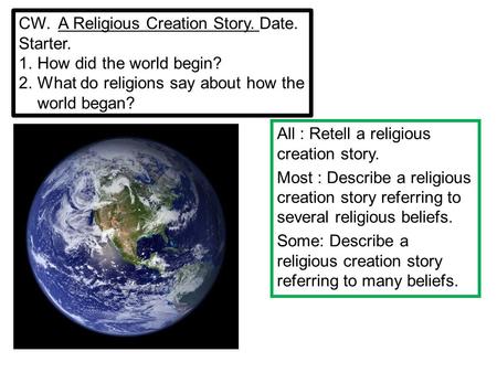 CW. A Religious Creation Story. Date. Starter. 1.How did the world begin? 2.What do religions say about how the world began? All : Retell a religious creation.