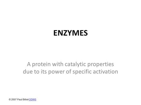 ENZYMES A protein with catalytic properties due to its power of specific activation © 2007 Paul Billiet ODWS.