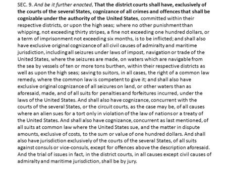 SEC. 9. And be it further enacted, That the district courts shall have, exclusively of the courts of the several States, cognizance of all crimes and offences.