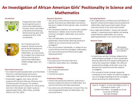 An Investigation of African American Girls’ Positionality in Science and Mathematics Introduction Emerging Questions 1.How might teacher confidence and.