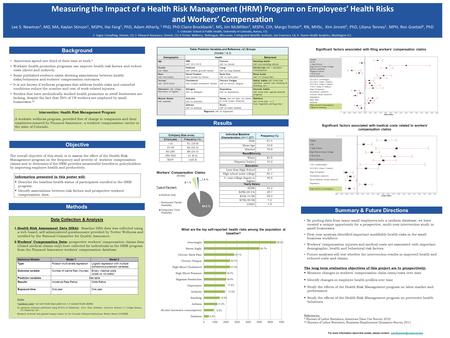 Measuring the Impact of a Health Risk Management (HRM) Program on Employees’ Health Risks and Workers’ Compensation Lee S. Newman 1, MD, MA, Kaylan Stinson.