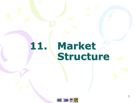 1 11.Market Structure 2 Chapter 11 : main menu 11.1Market and competition Progress Checkpoint 1 11.2 Features of different market structures Theory in.