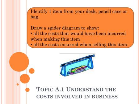 T OPIC A.1 U NDERSTAND THE COSTS INVOLVED IN BUSINESS Identify 1 item from your desk, pencil case or bag. Draw a spider diagram to show: all the costs.
