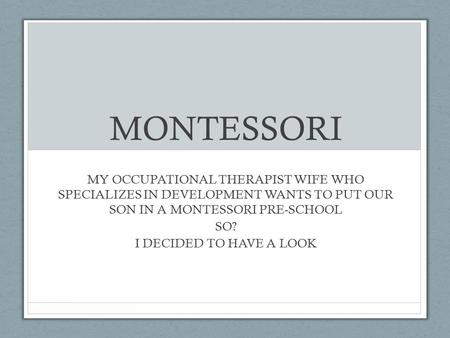 MONTESSORI MY OCCUPATIONAL THERAPIST WIFE WHO SPECIALIZES IN DEVELOPMENT WANTS TO PUT OUR SON IN A MONTESSORI PRE-SCHOOL SO? I DECIDED TO HAVE A LOOK.
