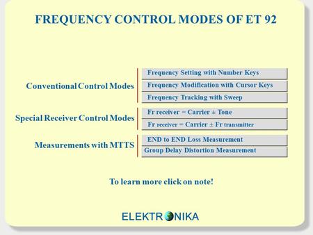 FREQUENCY CONTROL MODES OF ET 92 To learn more click on note! END to END Loss Measurement Group Delay Distortion Measurement Frequency Tracking with Sweep.