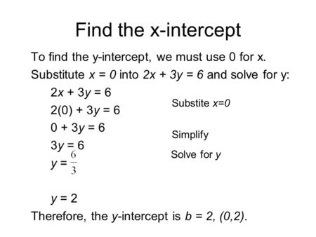 Find the x-intercept To find the y-intercept, we must use 0 for x. Substitute x = 0 into 2x + 3y = 6 and solve for y: 2x + 3y = 6 2(0) + 3y = 6 0 + 3y.