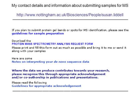 My contact details and information about submitting samples for MS