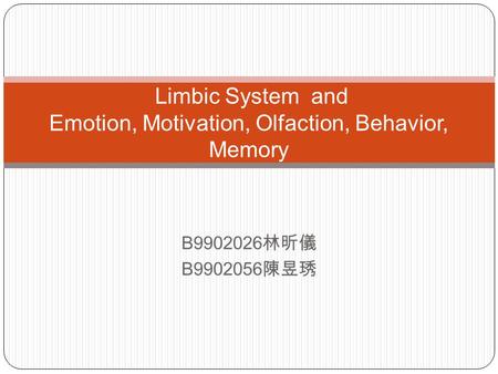 B9902026 林昕儀 B9902056 陳昱琇 Limbic System and Emotion, Motivation, Olfaction, Behavior, Memory.