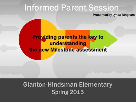 T Glanton-Hindsman Elementary Spring 2015 Informed Parent Session Presented by Lynda Bingham Providing parents the key to understanding the new Milestone.