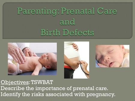 Objectives: TSWBAT Describe the importance of prenatal care. Identify the risks associated with pregnancy.
