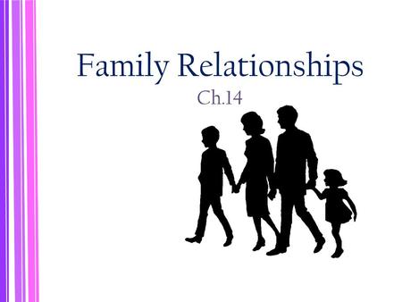 Family Relationships Ch.14. The Family Families form a system of interacting elements Parents and children influence one another ‐ Parents influence their.