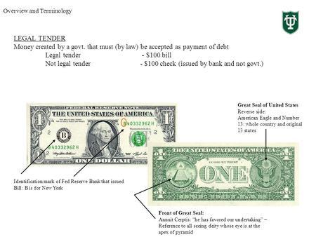 LEGAL TENDER Money created by a govt. that must (by law) be accepted as payment of debt Legal tender - $100 bill Not legal tender - $100 check (issued.