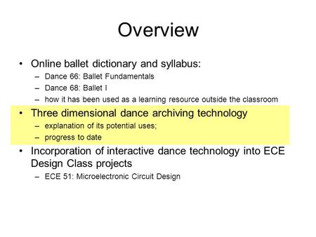 Overview Online ballet dictionary and syllabus: –Dance 66: Ballet Fundamentals –Dance 68: Ballet I –how it has been used as a learning resource outside.