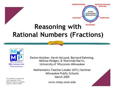 Reasoning with Rational Numbers (Fractions) DeAnn Huinker, Kevin McLeod, Bernard Rahming, Melissa Hedges, & Sharonda Harris, University of Wisconsin-Milwaukee.