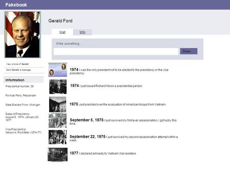 Fakebook Gerald Ford View photos of Gerald Send Gerald a message Wall Info Write something… Share Information Presidential Number: 38 Political Party: