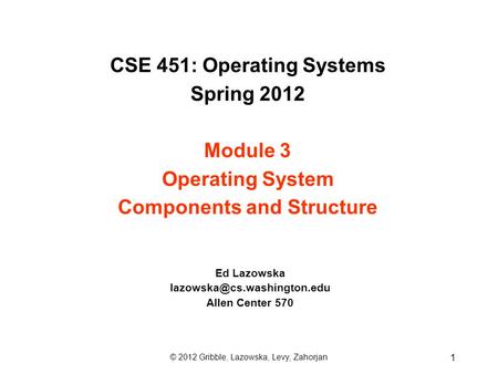 CSE 451: Operating Systems Spring 2012 Module 3 Operating System Components and Structure Ed Lazowska Allen Center 570 © 2012.