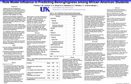 Role Model Influence in Predicting Belongingness among African American Students Table 2. Full HLM Model Predicting School Belonging, Using In-Home Interview.