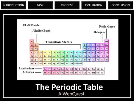 The Periodic Table A WebQuest. INTRODUCTION TASK PROCESS EVALUATION CONCLUSION.