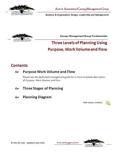 © John W. Azar Updated: June 2015 Canopy Management Group Fundamentals Three Levels of Planning Using Purpose, Work Volume and Flow Contents  Purpose.